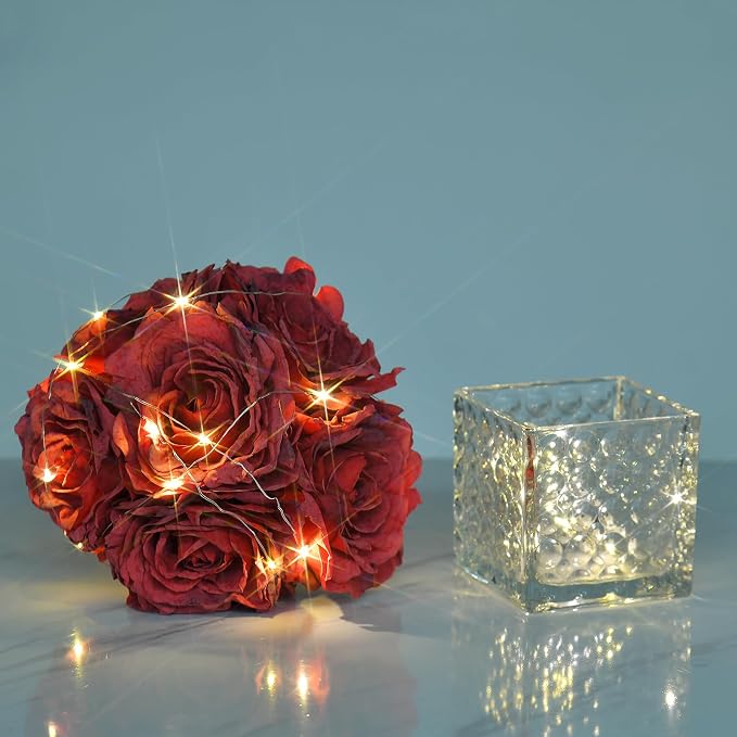 Artificial Rose in Glass Vase Vintage Silk Flower Arrangement with LED Light for Table Centerpiece Home Wedding Decoration (Red)