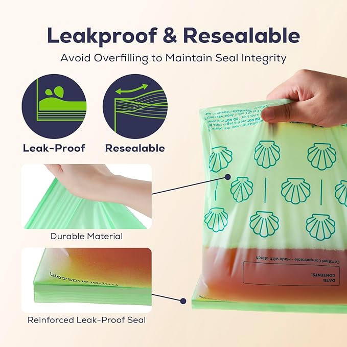 Fit Meal Prep 100% Compostable Food Storage Bags Set, Resealable Bags Plant-Based Freezer Bag for Food, ASTM D6400, US BPI & EU OK Compost Certified