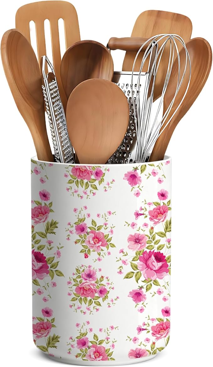 Utensil Holder,Pink Countertop Ceramic Utensil Holder,Large Cooking Utensil Crocks for Kitchen Counter Decor,Morden Utensil Organizer,Ceramic Vase for Kitchen Utensils, H6.3 xD4.7(Pink)