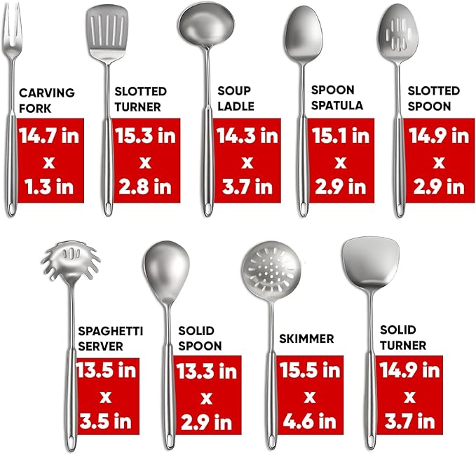 Newness 9 Pcs Cooking Utensils Set, 304 Stainless Steel Kitchen Utensils Set, Metal Kitchen Accessories, Include Soup Ladle, Slotted Skimmer Spoon, Spaghetti Spoon and Spatula, Dishwasher Safe