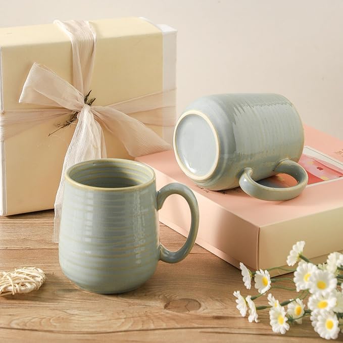 HASENSE Porcelain Coffee Mugs Set, 12 Oz Reactive Glaze Green Coffee Cups with Handle, Large Tea Cup for Latte, Cappuccino & Hot Chocolate, Dishwasher & Microwave Safe, Set of 4