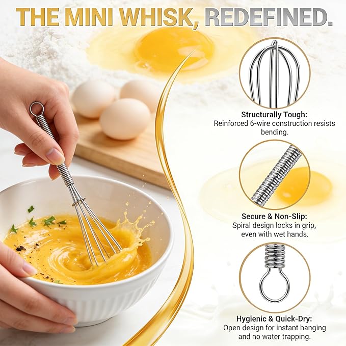 Anaeat Small Wire Whisk Set of 2, Portable Stainless Steel Kitchen Tiny Whisk & Egg Beater with Thick Wire - Sturdy Mini Mixing Balloon for Cooking, Blending, Whiping, Beating and Stirring (6" + 8")