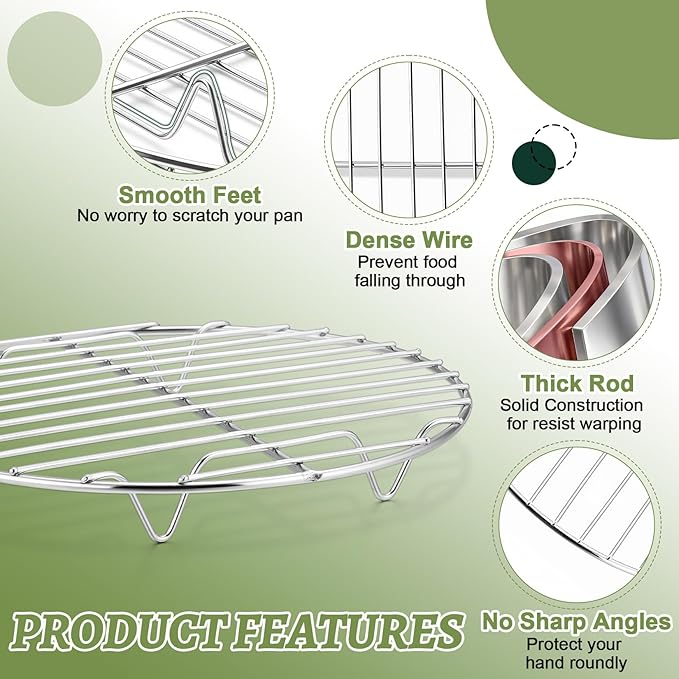 P&P CHEF Round Cooking Rack, 3 Pcs Stainless Steel Baking Cooling Steaming Grilling Rack, Fits Air Fryer/Stockpot/Pressure Cooker/Round Cake Pan, Oven & Dishwasher Safe (7.5 Inch)