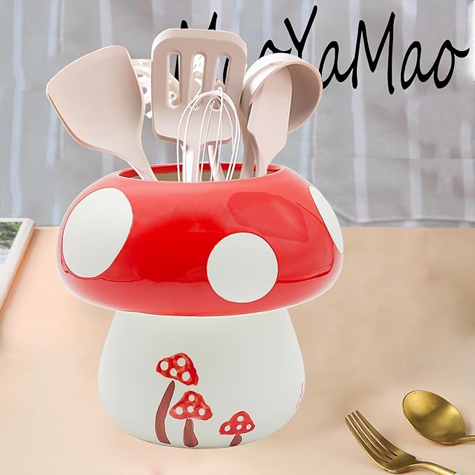 Mushroom Kitchen Utensil Holder for Countertop Mushroom Decor Ceramic Cooking Utensil Crock Large Spatula Holder Utensil Organizer Kitchen Decor