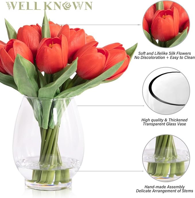WELL KNOWN 12 Pcs Fake Red Tulips Artificial Flowers in Vase with Faux Water, Real Touch Foam Tulips Arrangements with Vase for Home Office Decor, Dining Table Wedding Centerpiece (Coral Red)