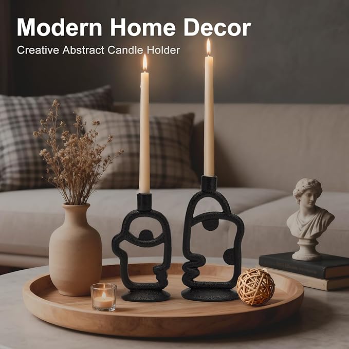 Face Decorative Taper Candle Holder - Modern Abstract Creative Face Candlestick Holder for Table Centerpiece, Black Medium Candle Sticks Holder Decor for Home Dinning Party Birthday Housewarming Gifts