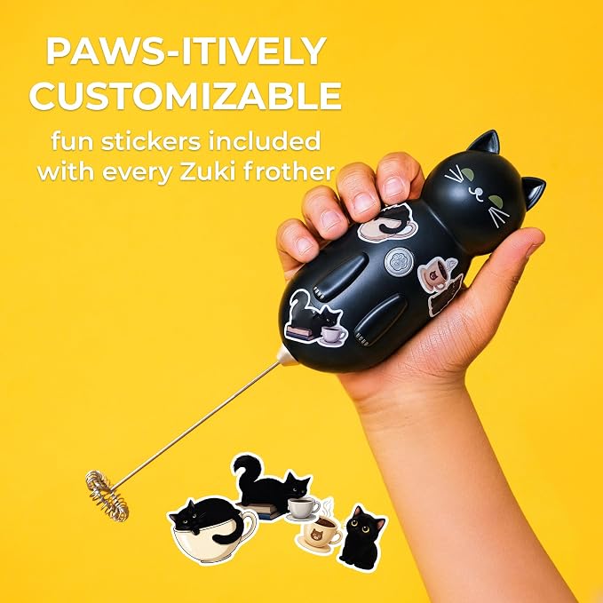 Zulay Kitchen Cat Milk Frother Wand – Cutesy Frother, Meet Your New Frothing Buddy Midnight The Cat, Adoption Papers and Stickers Included, Purrr-fect for Lattes, Cappuccino & Matcha – Black