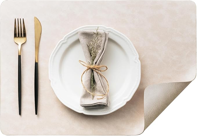 Placemats Set of 4, DOLOPL Reversible Dual-Color Faux Leather Place Mats 17"x11.8"– Waterproof, Heat Resistant, Washable & Wipeable, Luxury Retro Style for Kitchen, Dining Table (Beige & Light Grey)
