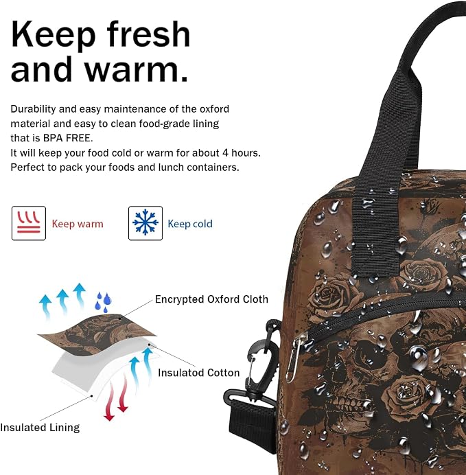 Pardick Skull Skeleton Vintage Insulated Lunch Bag for Women Girl Reusable Lunch Tote Box With Shoulder Strap Lightweight Thermal Cooler Meal Prep Bag for Work School Office Picnic