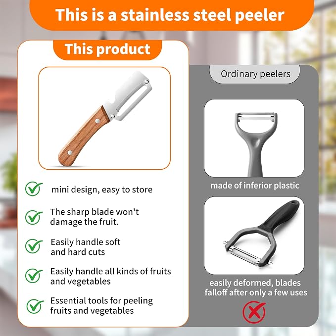 Multi-Functional Vegetable Peeler for Kitchen, Stainless Steel Sharp Blades Carrot Potato Peeler with Wooden Handle and Bottle Opener Kitchen Tool for Fruit Veggie Pumpkin Papaya Zucchini (1 Pcs)
