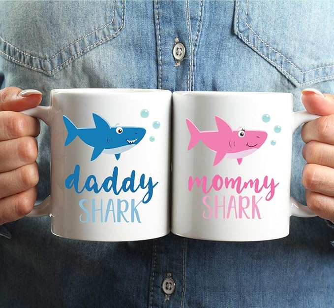 Andaz Press Baby Shark Family 11oz. Coffee Mug Gift Set, Mommy Daddy Brother Sister Shark, 4-Pack, Shark Do Do Do Gift Idea Birthday Christmas Gifts for Mother's Father's Day