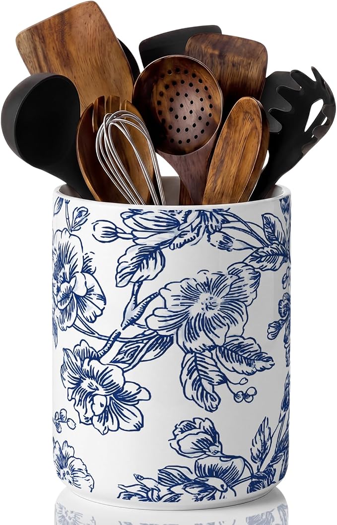 Suclain Blue Floral Ceramic Utensil Holder 6.3 Inch Chinoiserie Vintage Kitchen Crock Blue and White Floral Countertop Storage Organizer for Spatulas and Spoons Home Cooking Unique Gift Idea