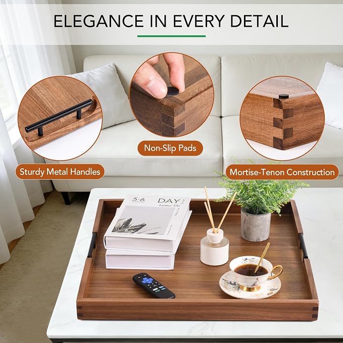 Joy&Grace Ottoman Tray for Living Room Large Acacia Wooden Serving Tray with Handles for Coffee Table, Breakfast in Bed, Food Dinner, Decorative Tray (Color Natural, 22" x 22" x 2")