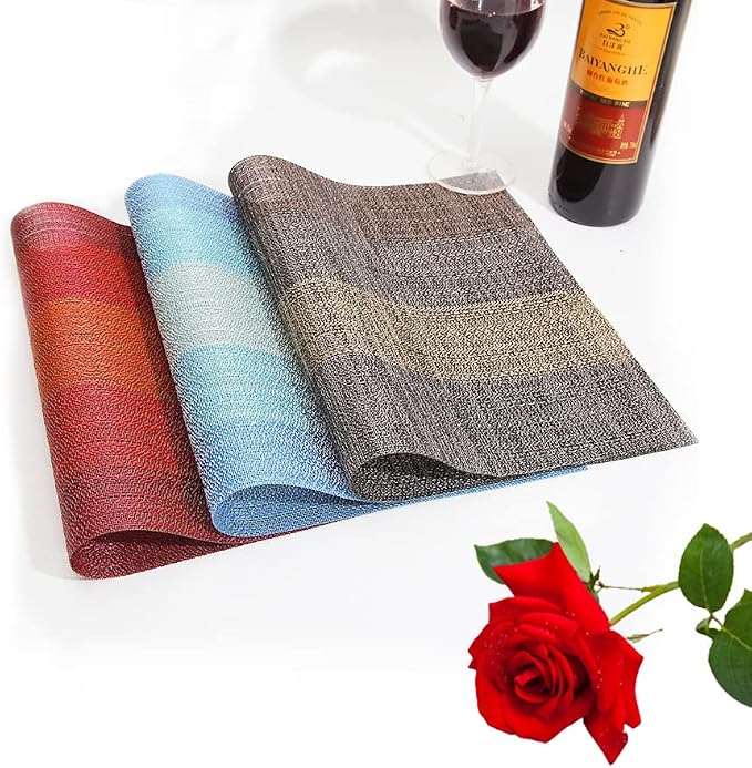 Blue Placemats Set of 4 Washable,Vinyl Woven Placemats,Durable Non-Slip Stain-Resistant Kitchen Table Mats, Indoor/Outdoor Place Mats (Blue,4)