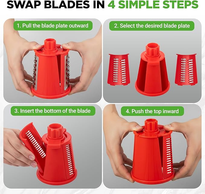 NutriChef 5 in 1 Cheese Grater & Shredder | 5 Different Blades for Thin, Thick, Julienne Strips, Wavy, & Straight Strips | Includes Hand Crank, Strong Suction Base & Storage Container | Red