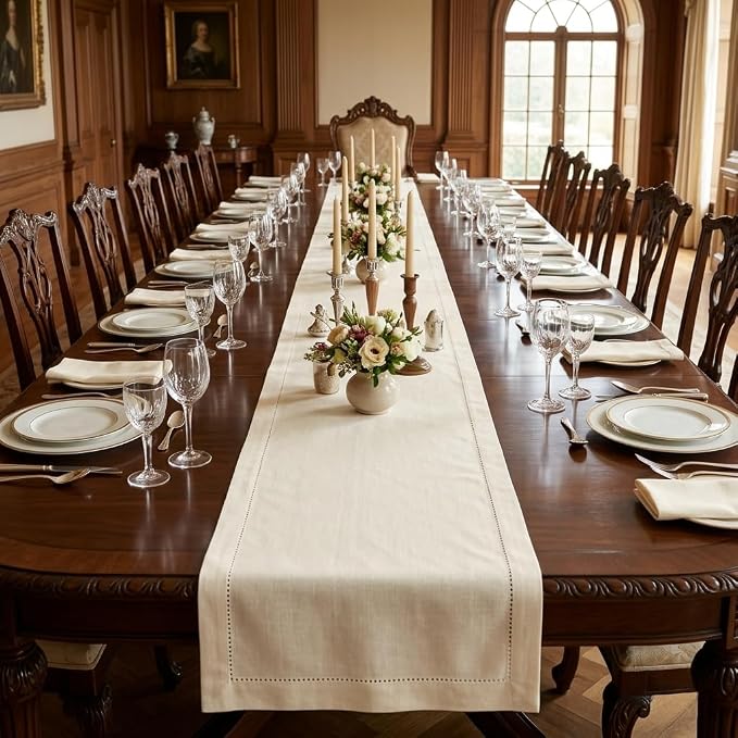 Urban Villa Christmas TableRunner 100% Cotton Fused Table Runner 14''x 72'' Over Sized Hemstitch Ivory Table Runner Every Day Use Heavier Quality TableRunner
