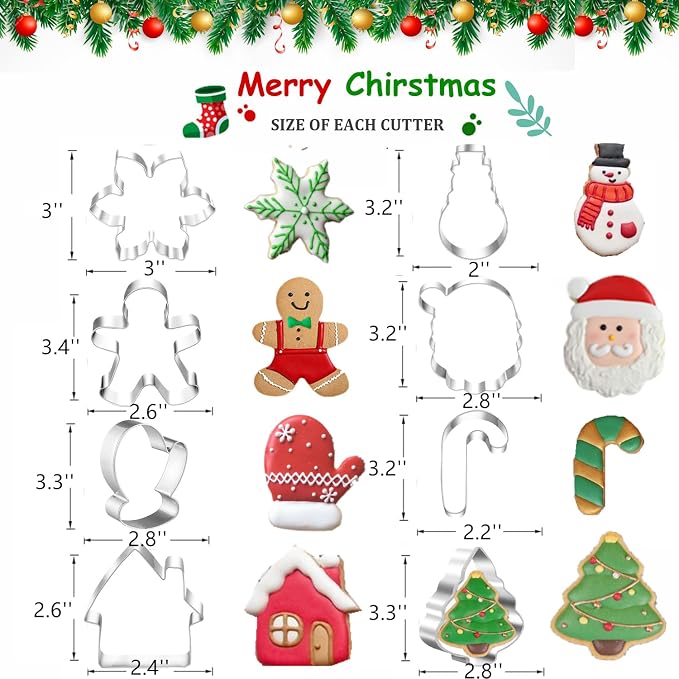 Christmas Cookie Cutters, 8PCS Holiday Cookie Cutter Shapes - Snowman,Christmas Tree,Gingerbread Man,Candy Cane,Snowflake,Santa Face,Christmas House, Winter Glove Cookies Mold