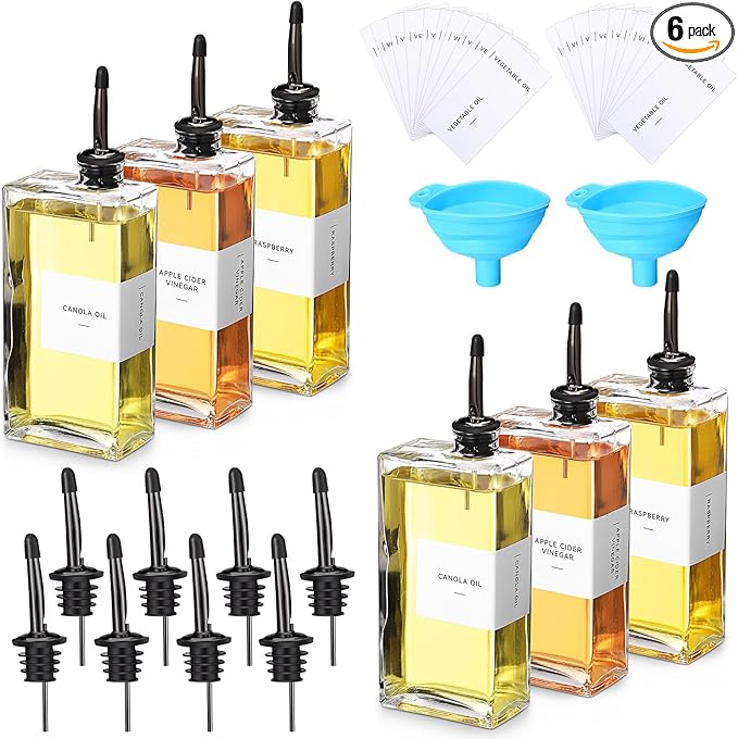 Reallnaive 6 Sets Olive Oil Dispenser Bottles for Kitchen with Nozzles Funnel Labels Cooking Oil Dispenser 500ml Set for Kitchen Vinegar Coffee Syrup (Black)