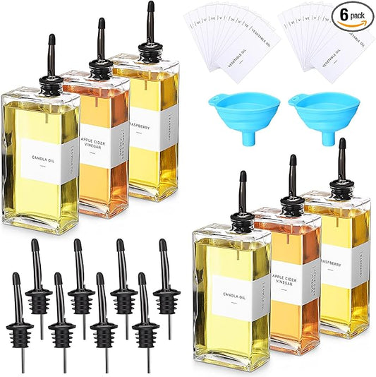 Reallnaive 6 Sets Olive Oil Dispenser Bottles for Kitchen with Nozzles Funnel Labels Cooking Oil Dispenser 500ml Set for Kitchen Vinegar Coffee Syrup (Black)