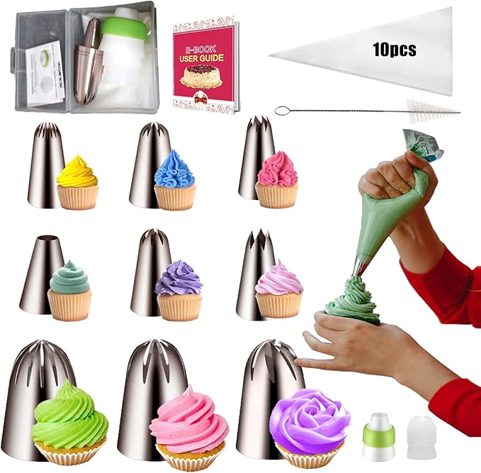 22Pcs Piping Nozzles Set, Stainless Piping Tip Set with 10 Pastry Piping Bags, Anti - Burst Cupcake Icing Bags, 2 Couplers, for Cake Decoration Cupcake Baking Cookie…