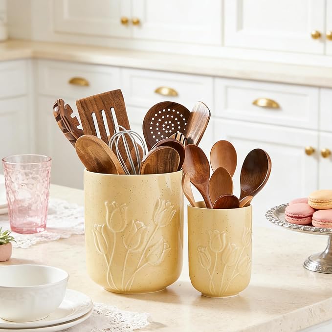 Tulips Beige Ceramic Utensil Holder Set, Large Kitchen Utensil Crocks – Modern Countertop Organizer for Cooking Utensils, Spatula, Spoons | Practical Kitchen Counter Decor