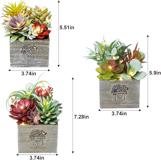 Succulents Plants Artificial with Light, Small Fake Plants in Pots for Home Decor, Potted Decorative Succulents Plants for Table Desk Bathroom Office Room Decor