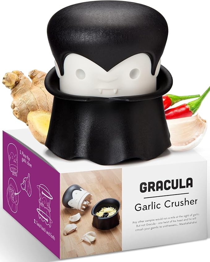OTOTO Gracula Garlic Crusher, Garlic Mincer, Also for Ginger, Nuts, Chili, Herbs - Twist Top Mincer & Easy Squeeze Manual Press Peeler, Goth Gifts