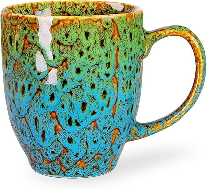 Durable 16 oz Ceramic Coffee Mug, Large Coffee Cup with Ergonomic Handle, Ideal Tea Mug for Home, Office, Gift, Dishwasher & Microwave Safe, Green & Blue (coffee, Tea, Hot Cocoa, Latte Cup)