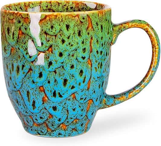 Durable 16 oz Ceramic Coffee Mug, Large Coffee Cup with Ergonomic Handle, Ideal Tea Mug for Home, Office, Gift, Dishwasher & Microwave Safe, Green & Blue (coffee, Tea, Hot Cocoa, Latte Cup)