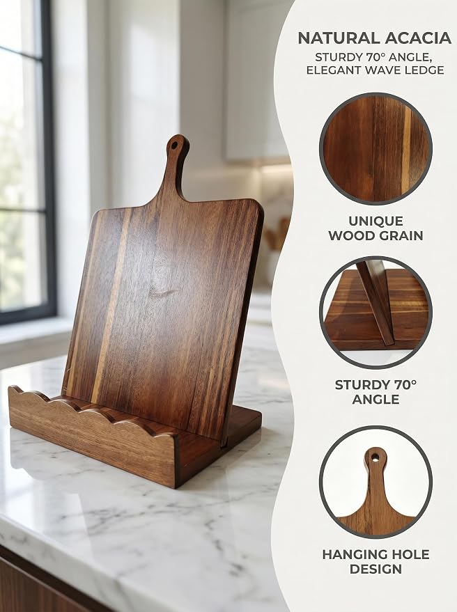 Acacia Wood Cookbook Stand for Kitchen Counter 15.7"x11.8" with Handle, 2-Piece Scalloped Recipe Book Holder with Removable Charcuterie Board, Rustic Kitchen Decor, Gift-Ready Recipe Card Display