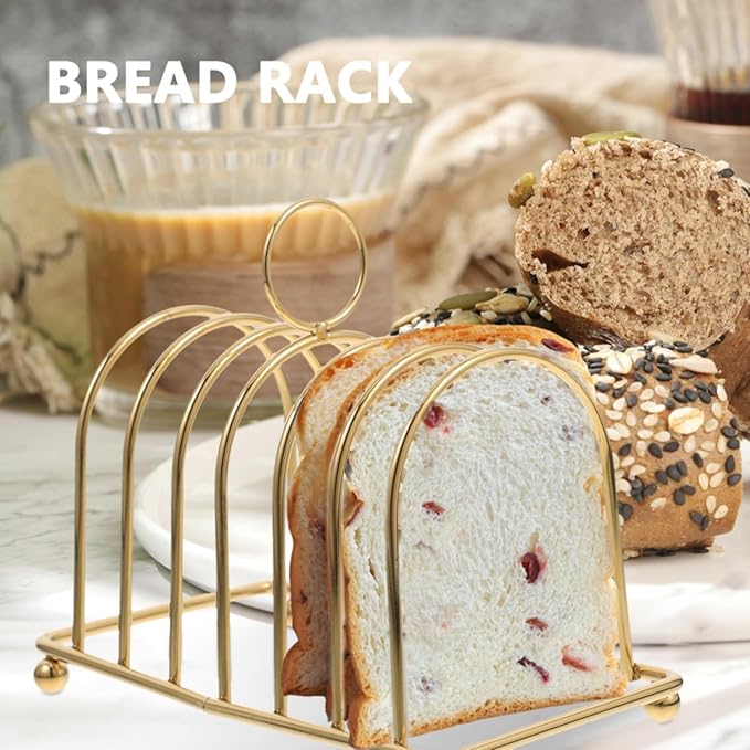 Metal Chrome 6 Slote Slices Toast Rack Toast Serving Dining Rack Stand Loaf Bread Holder, Toast Holder Rack, Bread Slice Stand, Toast Rack, Cooling Bread Rack for Kitchen, or Bakery (Gold)