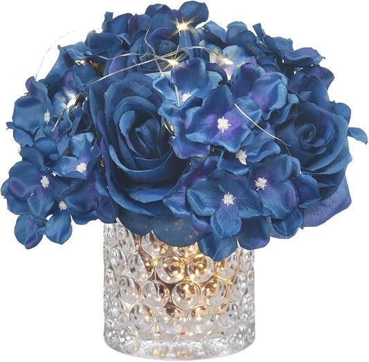 Rose Silk Flower Arrangement Artificial Vivid Rose in Glass Vase with LED Light Elegant Centerpiece for Home Wedding Bathroom Table Shelf Decoration (Navy Blue)
