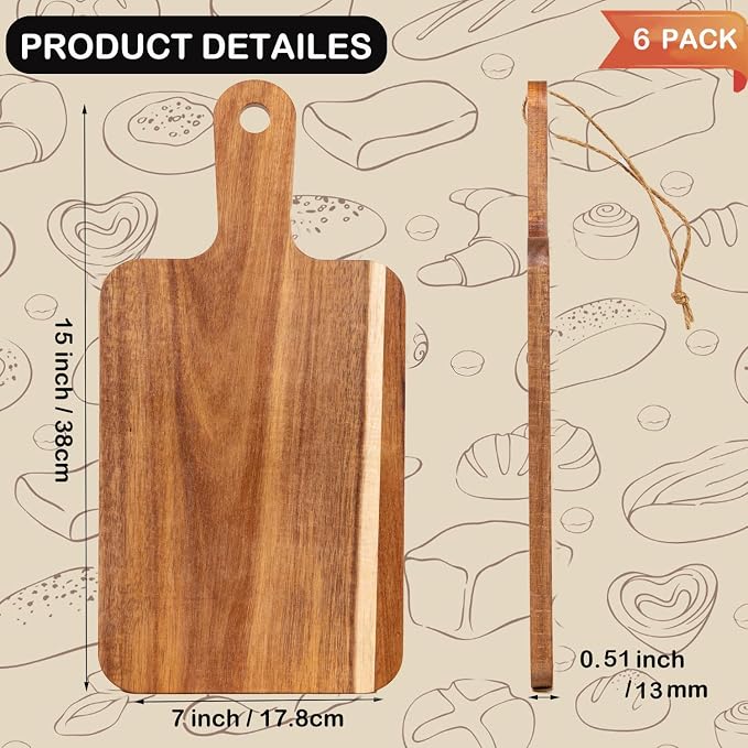 6 Pcs Acacia Wood Cutting Board with Handle, Large Charcuterie Boards Bulk, 15 x 7 inch Wooden Cutting Boards Bulk for Kitchen, Cheese Serving Board for Vegetables Meat Pizza Fruit Bread