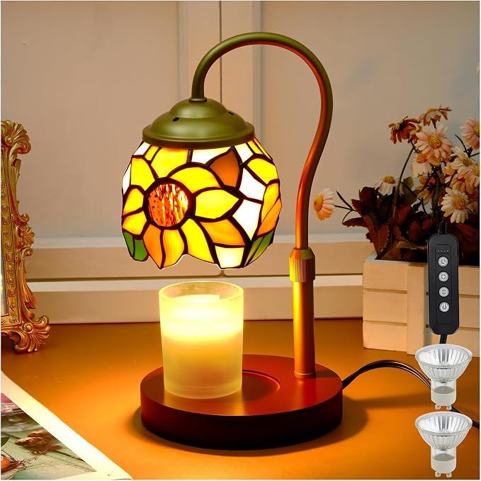 Candle Warmer Lamp - Electric Candle Lamps Timer Dimmer, Sunflower Tiffany Style Stained Glass Candle Warming Lamp Compatible with Jar Candles Valentine Birthday Gifts for Mom Friend Wax Melt Warmer