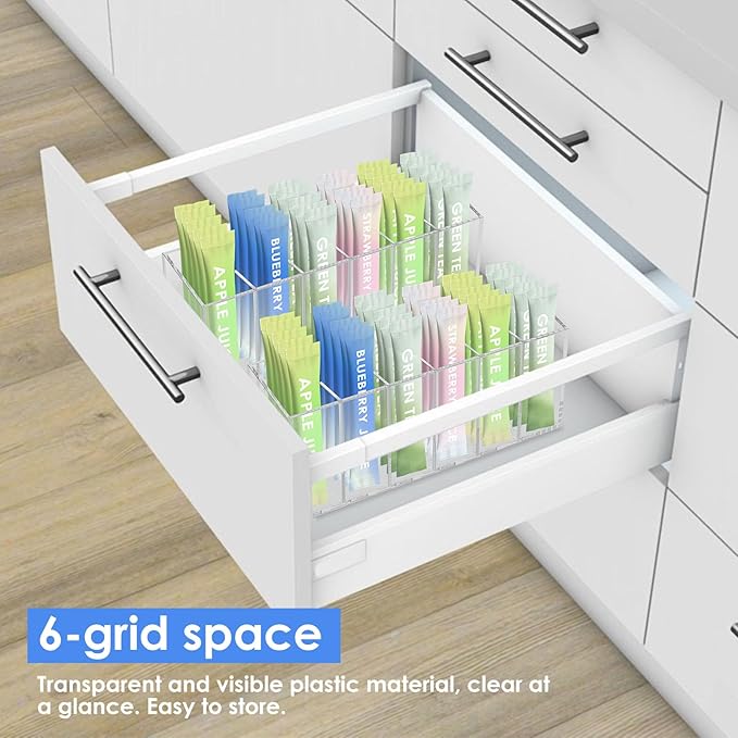2Pcs Transparent Tea Packet Storage Container Plastic Coffee Packet Holder Organizer Clear Pantry Organizer Bin with 5 Removable Dividers