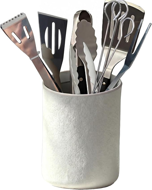 7.1" Extra Large Stoneware Utensil Holder for Grill Tools - Heavy Duty BBQ Spatula & Tongs Crock - Farmhouse Embossed White Kitchen Organizer with Non-Slip Base, Marble White