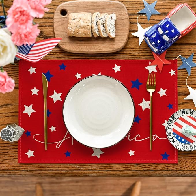 Niviy 250th Anniversary USA Placemats, Red Blue Stars Fireworks Patriotic Placemats Set of 6, 12x18 Inch Memorial Day Independence Day Table Mats for Holiday Party Kitchen Dining Room Decoration