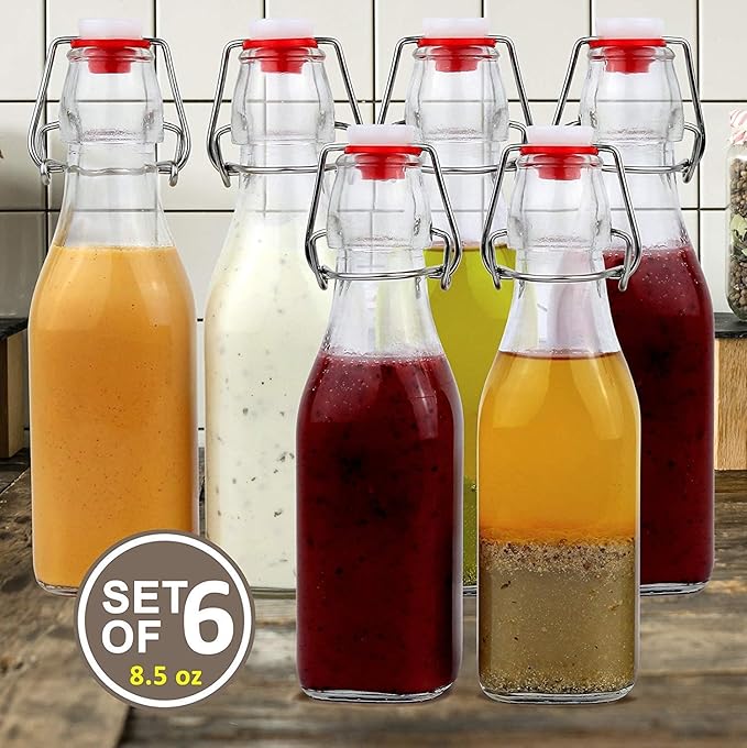 Estilo Swing Top Easy Cap Clear Glass Bottles with Caps, Round, 8.5 oz, Set of 6 - Standard Size, Flip Top Glass Bottles to Store Home Brews, Oils, Vinaigrettes, Wines, Beer, Teas - Syrup Bottles