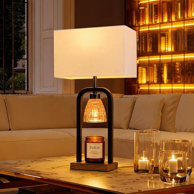 PoKat 21.5'' Lamp Candle Warmers Set of 2 Black, Farmhouse Candle Warming Lamps with Timer Dimmer & Wood-Like Base, Warmer Lamp Jar Candles, Table Lamps for Bedroom End Table Decor, Bulb Included