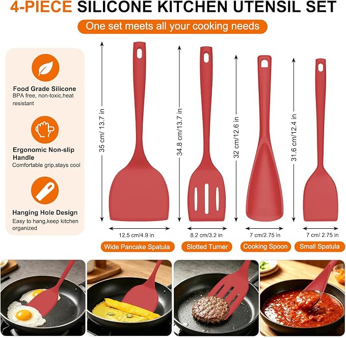 Beijiyi 4 Pack Silicone Spatula Set, High Heat Resistant, For Non-Stick Pan | Food Grade, BPA Free, Scratch-Free, Non-Toxic Kitchen Utensils, Turner Flipper for Cooking, Flipping, Dishwasher Safe
