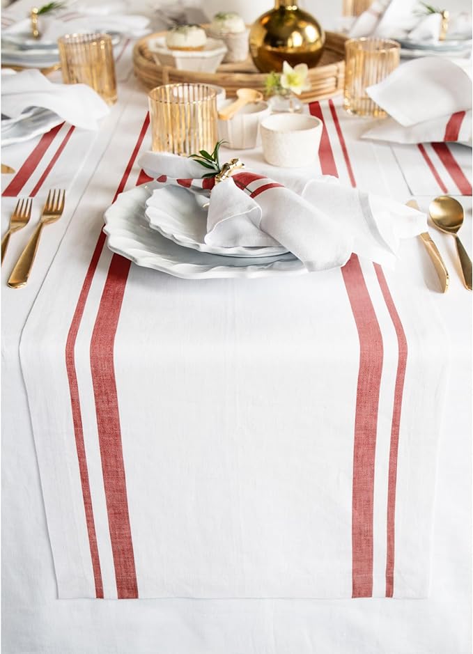 Solino Home Linen Table Runner 90 Inches Long - French Stripe, 100% Pure Linen Red and White Farmhouse Table Runner 16 x 90 Inch Ideal for Dining, Spring, Summer, 4th of July