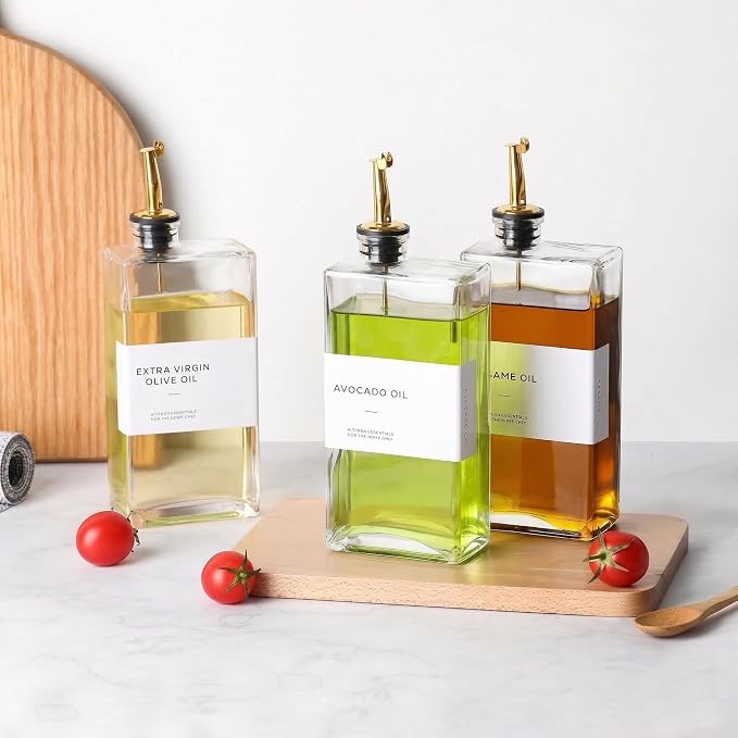 Olive Oil Dispenser Bottle for Kitchen, 3 Pack Glass Oil and Vinegar Dispenser Set, Elegant Design, Durable, Leak-Proof, Easy-Pour Spouts, Perfect for Kitchen, Dining Table, 17oz Golden