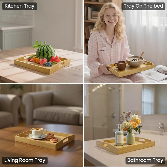 Set of 2 Bamboo Serving Tray with Handles, Decorative Wooden Tray for Breakfast, Dinner, Coffee Table - Portable Bamboo Tray for Ottoman, Kitchen, Living Room Bedroom, Outdoor Scenarios and More