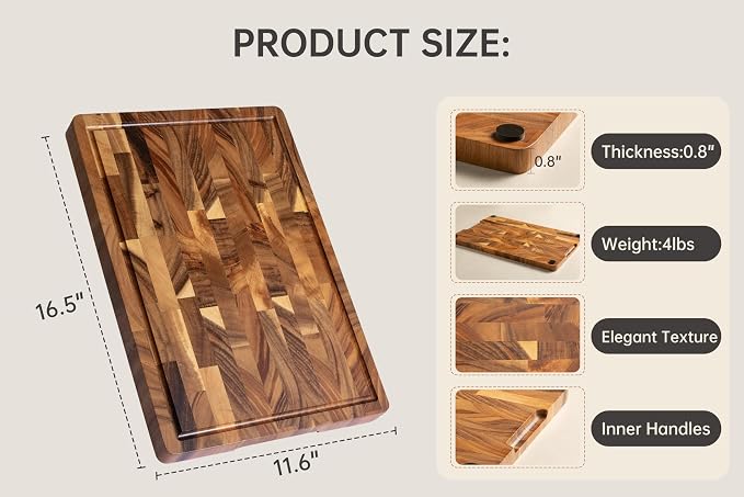 Walnut Wood Cutting Board, End Grain Wooden Cutting Boards for Kitchen, Chopping Block with Deep Juice Groove & Handles, Gift Box, 16.5"x11.6"x0.8"