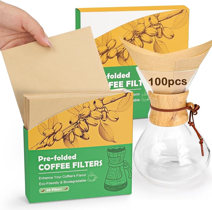 BYKITCHEN Pre-folded Pour Over Coffee Filter, Set of 100, Natural Unbleached Square Disposable Coffee Filter Papers for Pour-Over Coffee Maker Drippers and More