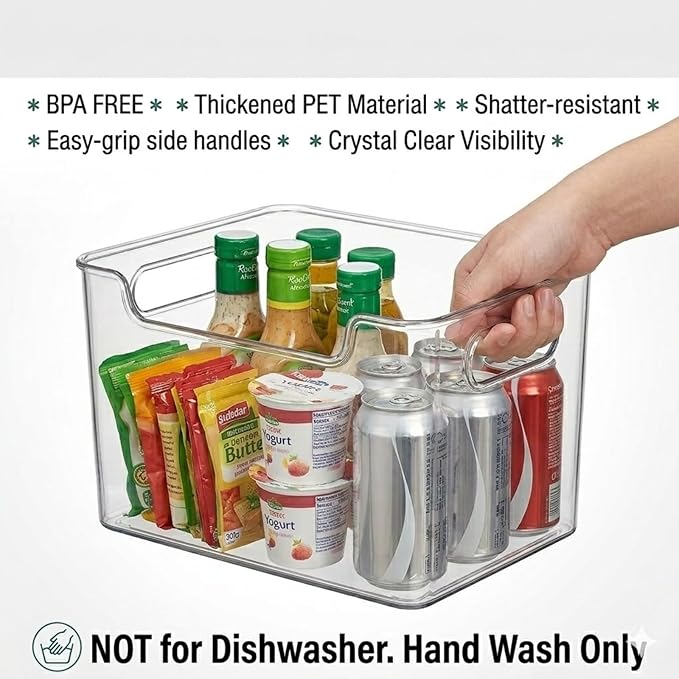 Thickened Crystal Clear Freezer Storage Bins - 4 Pack Clear Plastic Bins for Refrigerator and Pantry, Stackable Kitchen Cabinet Organizer with Handles for Pantries, Cabinets (4Pcs-S+L)