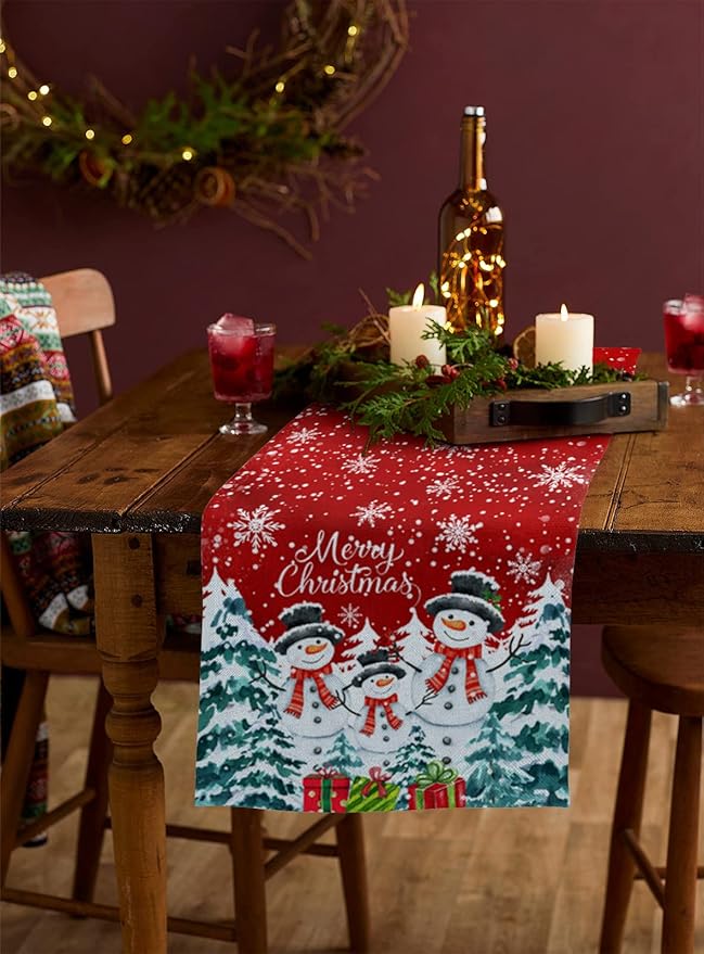 Christmas Table Runner - 70 Inch Long, Snowman Dining Tablerunner Xmas Tree Kitchen Dresser Scarves, Winter Snowflake Farmhouse Red Merry Christmas Decor for Coffee Table Wedding Party Banquet