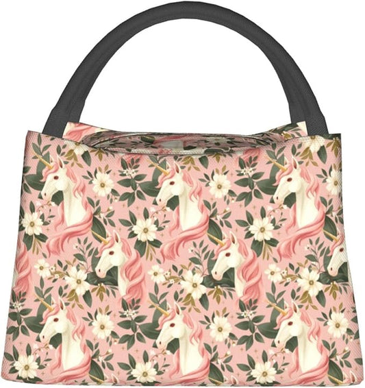 Cute Unicorn and Floral Lunch Box for Women Girls Adults Insulated Elegant Animal with Flowers Lunch Bag for Work Picnic Camping Travel Gifts Large Capacity Cooler Thermal Reusable Tote Makeup Bags