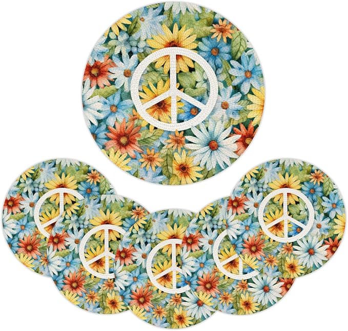 Round Placemats Set of 6, Peace Sign Daisy Sunflowers Woven Placemats Mats Non-Slip Heat Resistant Washable Table Mats Round Braided Place for Farmhouse Kitchen Dining Party Decor 15in