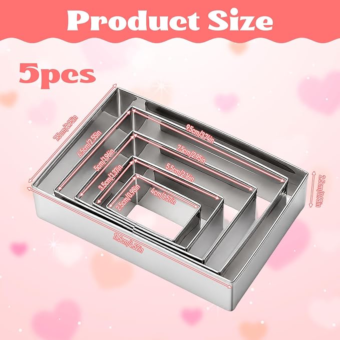5 Pack Rectangle Cookie Cutter Stainless Steel Fondant Biscuit Molds 1.5/2/3/3.5/4.5 Inch Sandwich Cutter Shapes Square Pastry Molds Baking Supplies for Fondant Baking Craft Clay(5 Sizes)